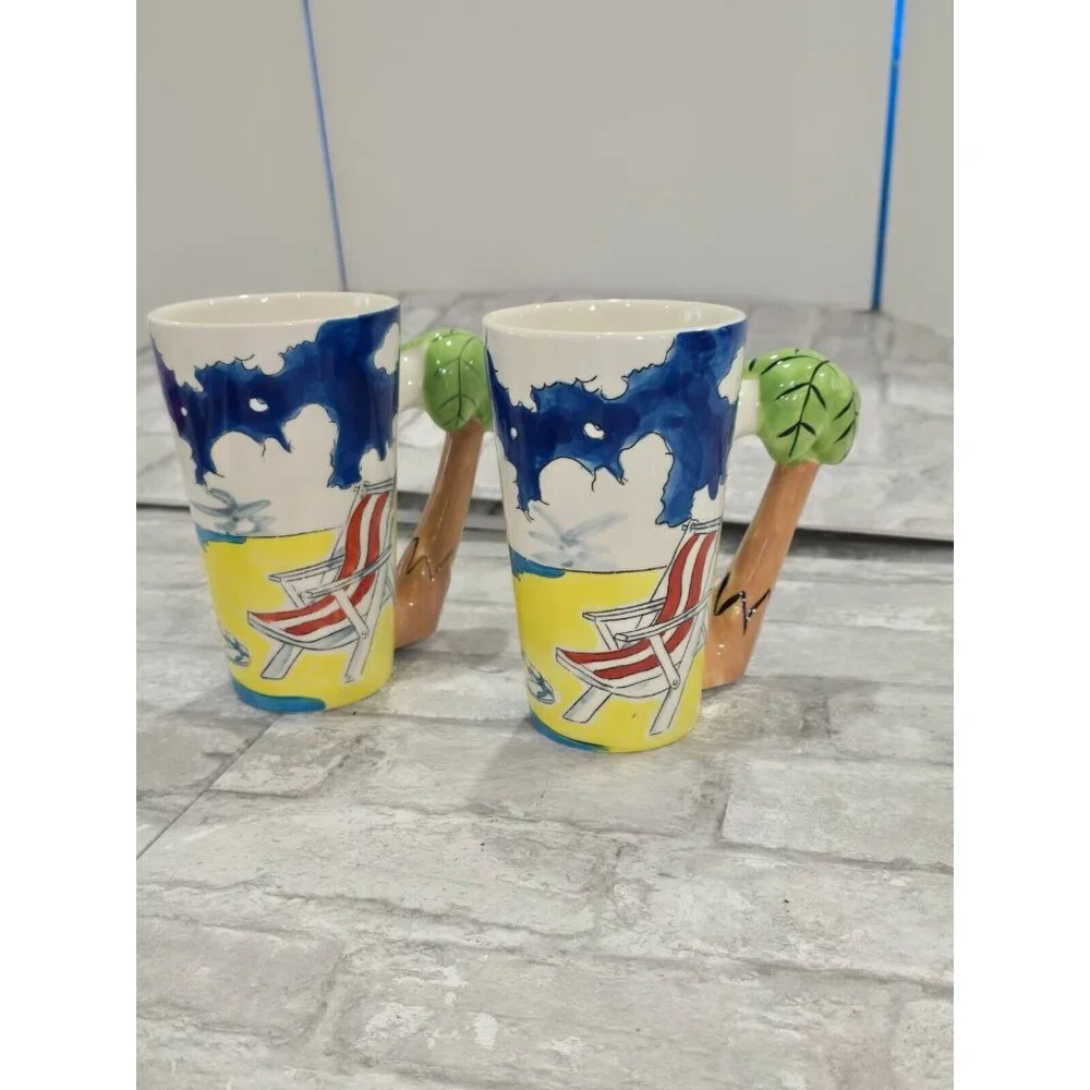 Lot of 2 Mugs Florida Marketplace‎ Painted Beach Theme Palm Tree Handles 2004